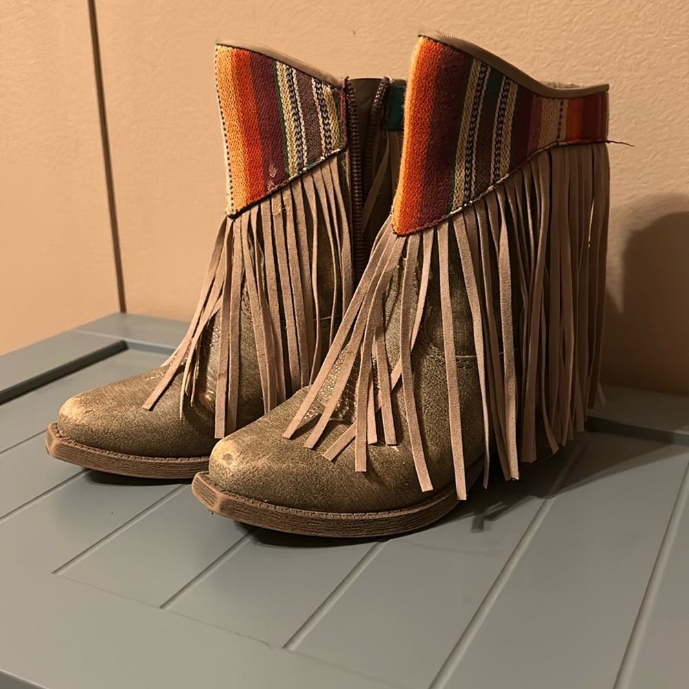 Blazin Roxx Tan Fringe Boots with Orange & Multicolor Textile